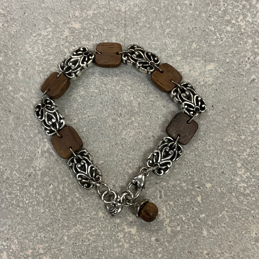 Brighton Katu Sequoia wood and silver-plated scroll panel bracelet